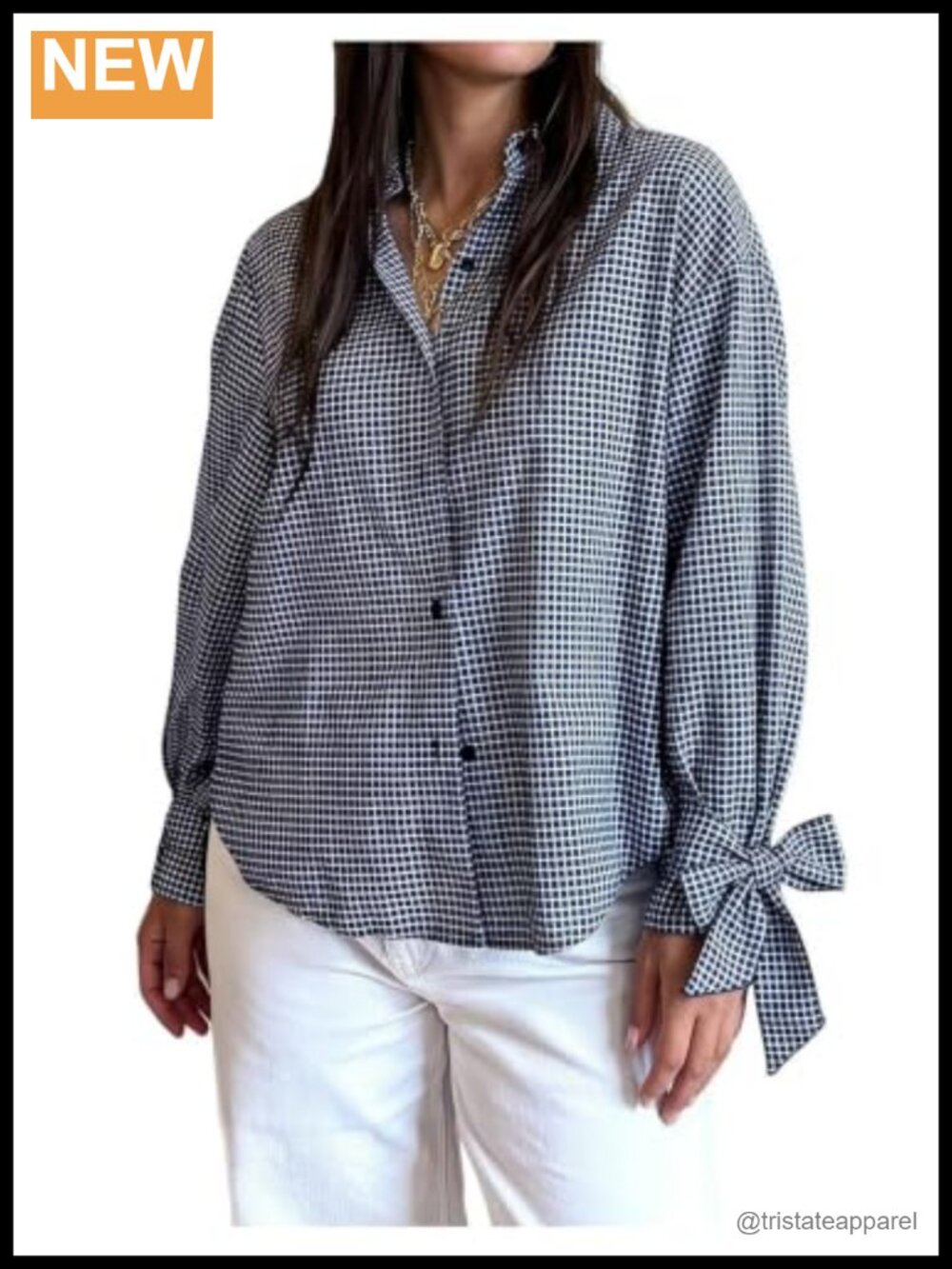 Flowy Gingham Long Sleeve Button Down Blouse with Bow Lantern Sleeve
